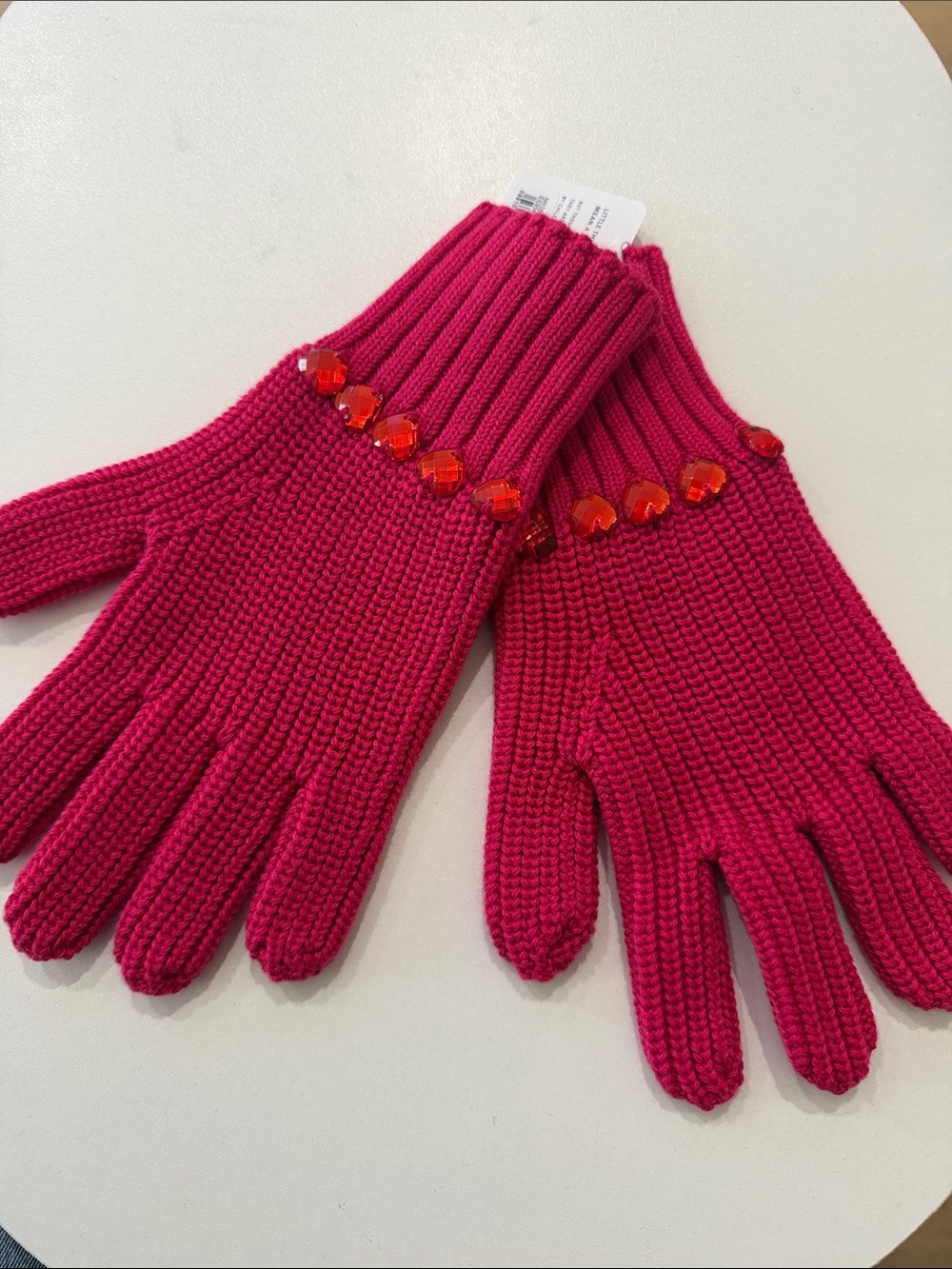 J. Crew Fuchsia Knit Gloves with Red Gem Detail